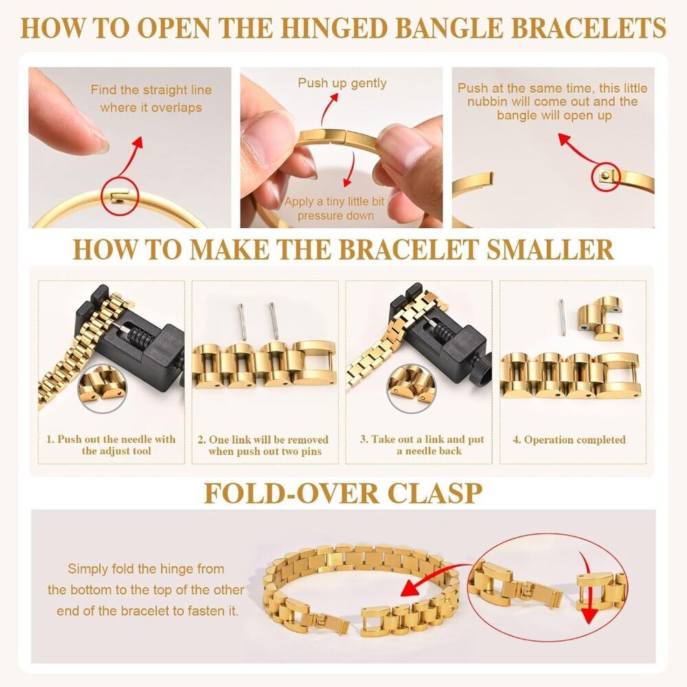 2pcs Gold Chain Link Bracelet, Stainless Steel Crystal Friendship Bracelets Bang - Picture 3 of 6